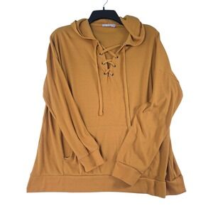 Pink Republic Women's Large Gold Ribbed Knit Lace Up Hoodie Long Sleeve Pullover